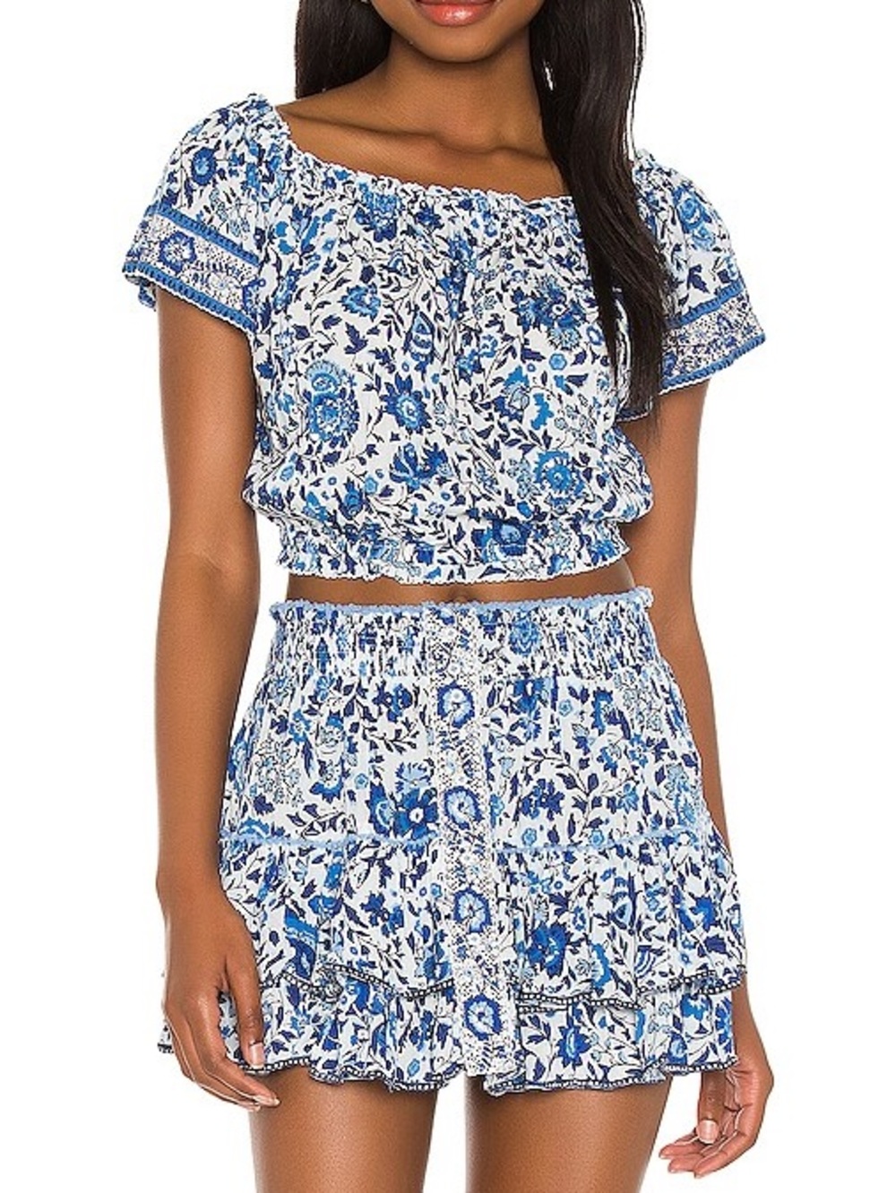 Poupette St. Barth White Blue Celery Camila Blouse + Skirt Set Small NWT